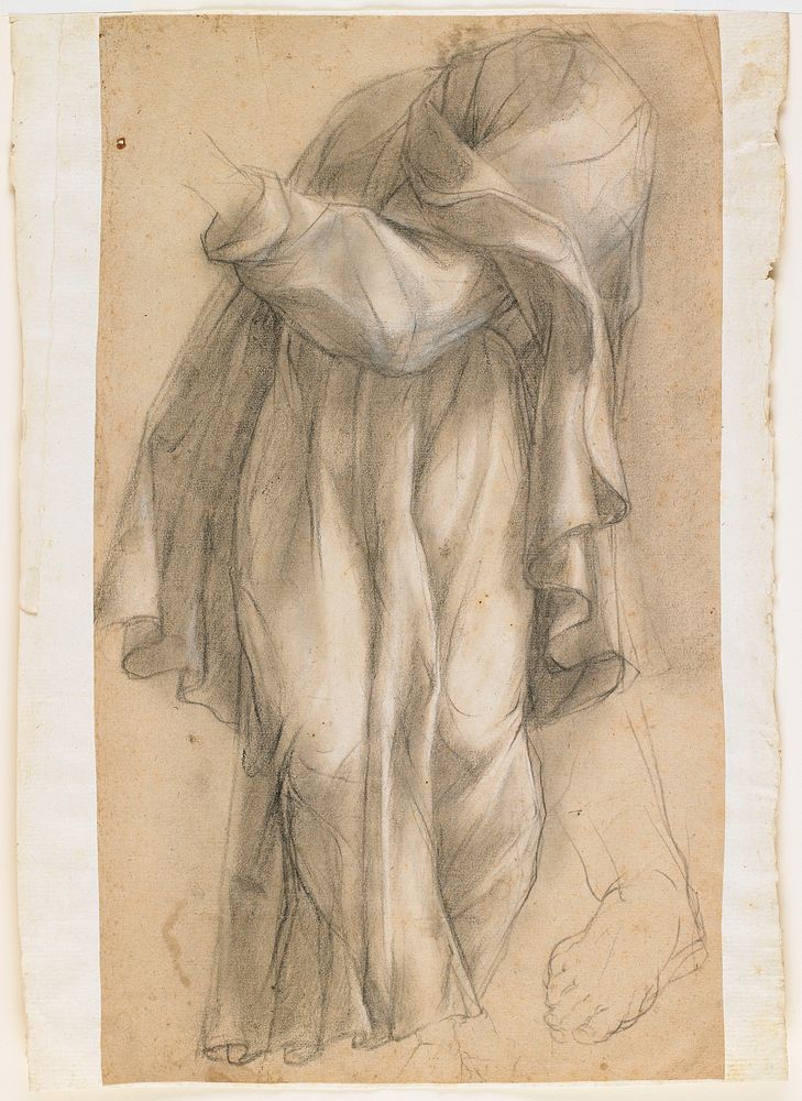 full-length draped figure without head and with only partial PL wrist and foot; drapery folded across bent arm; sketchy…