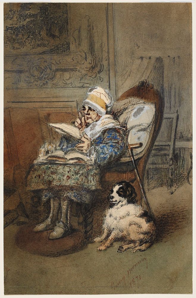 seated elderly woman wearing white cap, looking at books on her lap, with a cane leaning against her chair; brown and white…