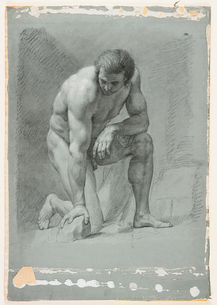 sketched study of a male nude kneeling on PR knee with PL foot on ground, PR hand resting on small rock and PL forearm on PL…