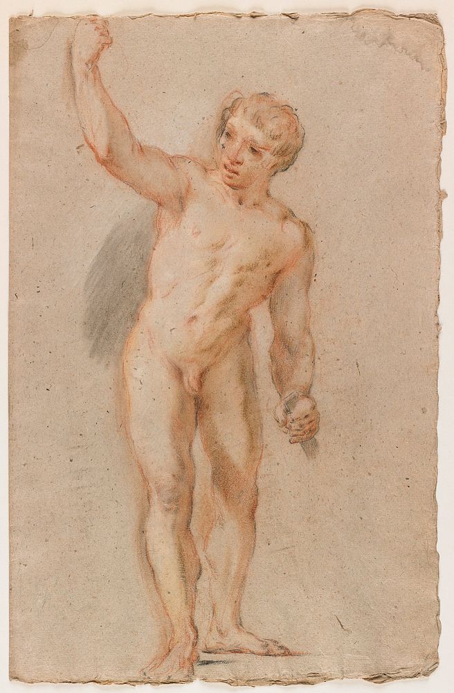 standing male nude with muscular build; torso bent slightly downward toward PL; PR arm upraised; PL arm down, holding object…