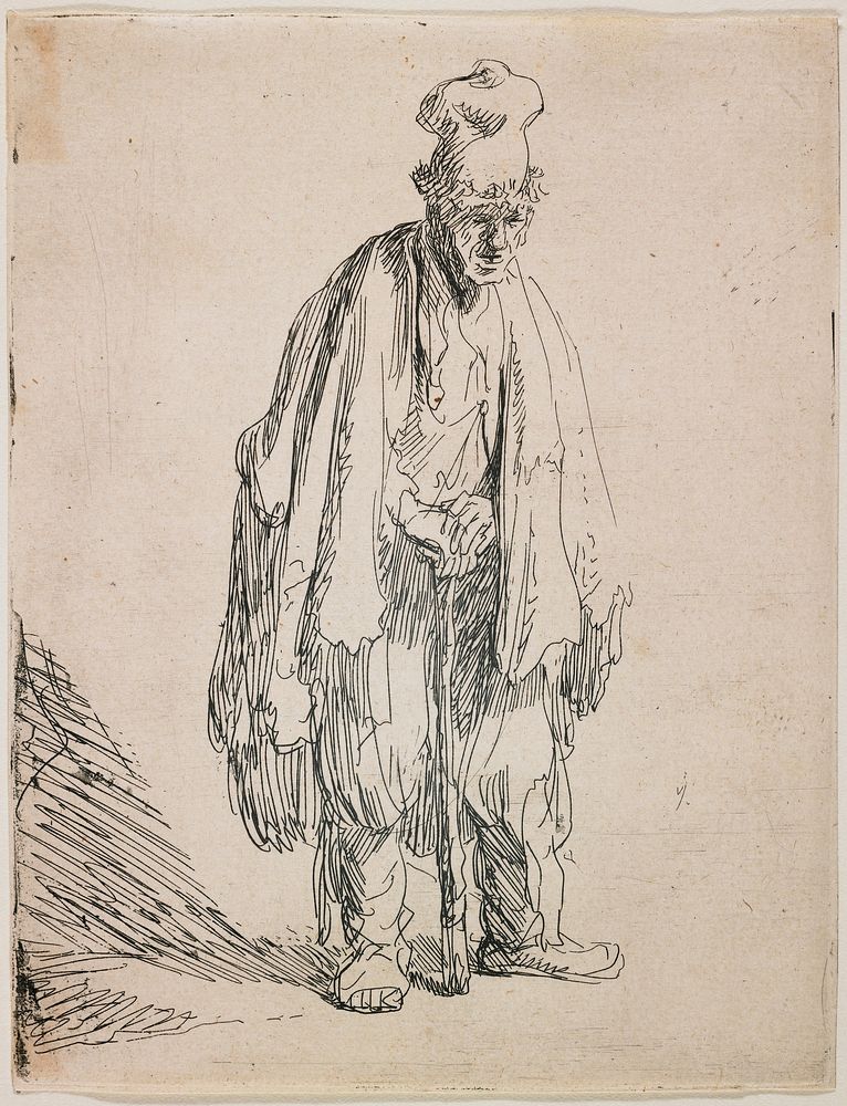 Rembrandt van Rijn's standing man, slightly stooped, leaning with both hands on a walking stick; wearing tall cap with…