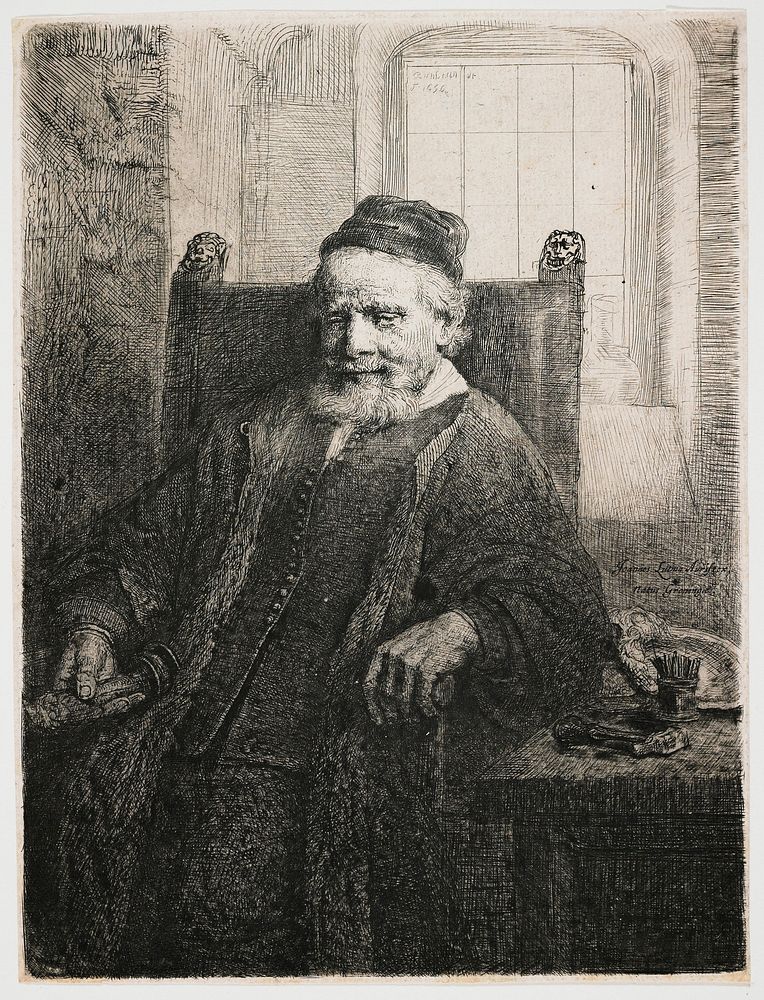 Rembrandt van Rijn's slightly longer than 3/4 portrait of a seated man with beard and moustache, wearing a cap, vest with…