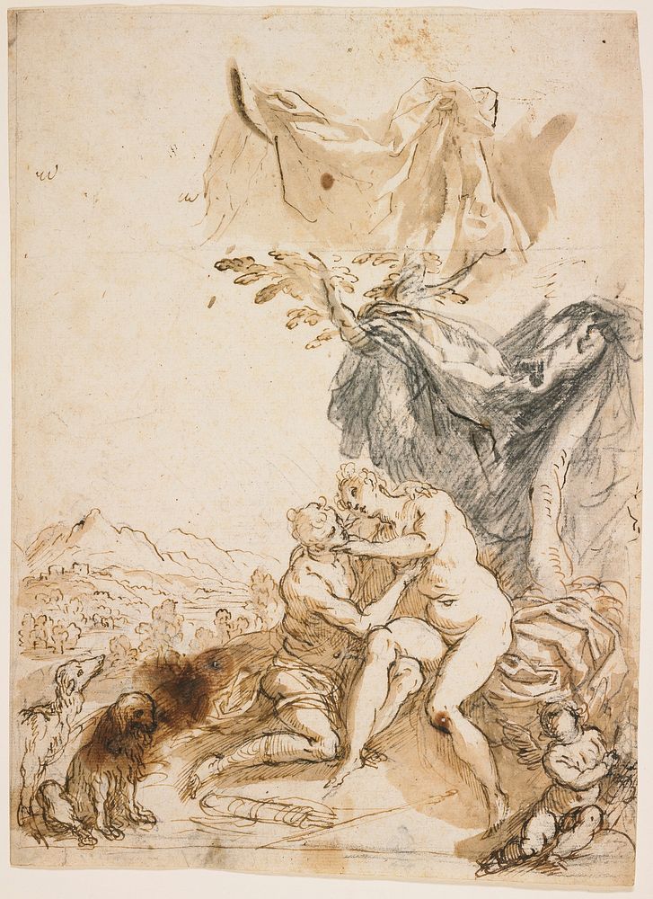 two seated nudes at center, in a landscape; putto at LRC; two dogs at LLC; drapery at right behind figures and drapery study…