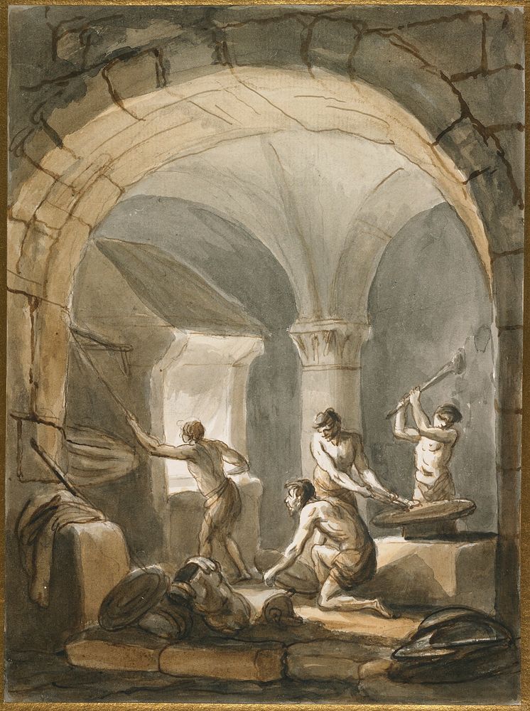 four male figures in a forge; figure at L working bellows; center, kneeling figure holding round disk at floor level; center…