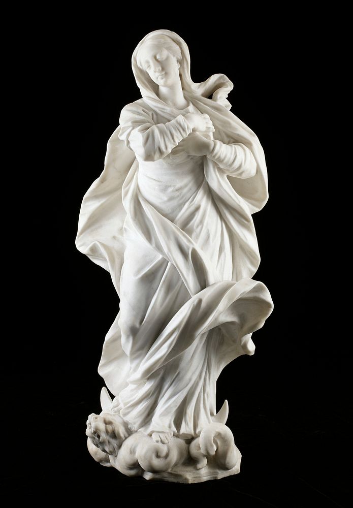 Madonna stands upon dragon and clouds with hands placed to chest. Original from the Minneapolis Institute of Art.