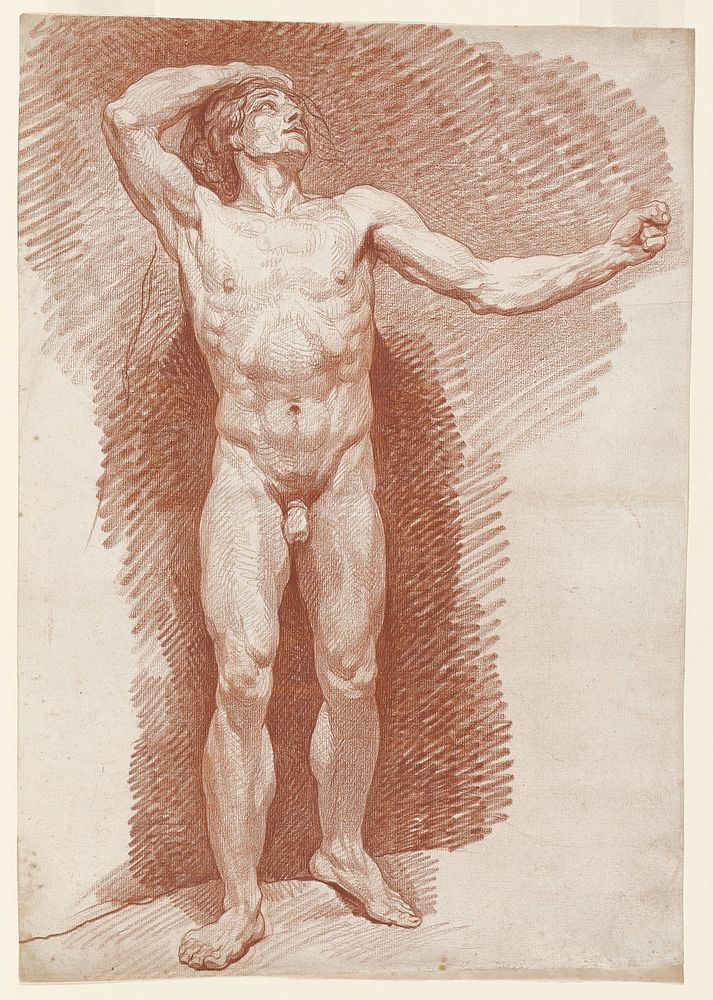 standing male nude, looking up to PL, with left arm extended out straight with left hand in a fist; right hand on top of…