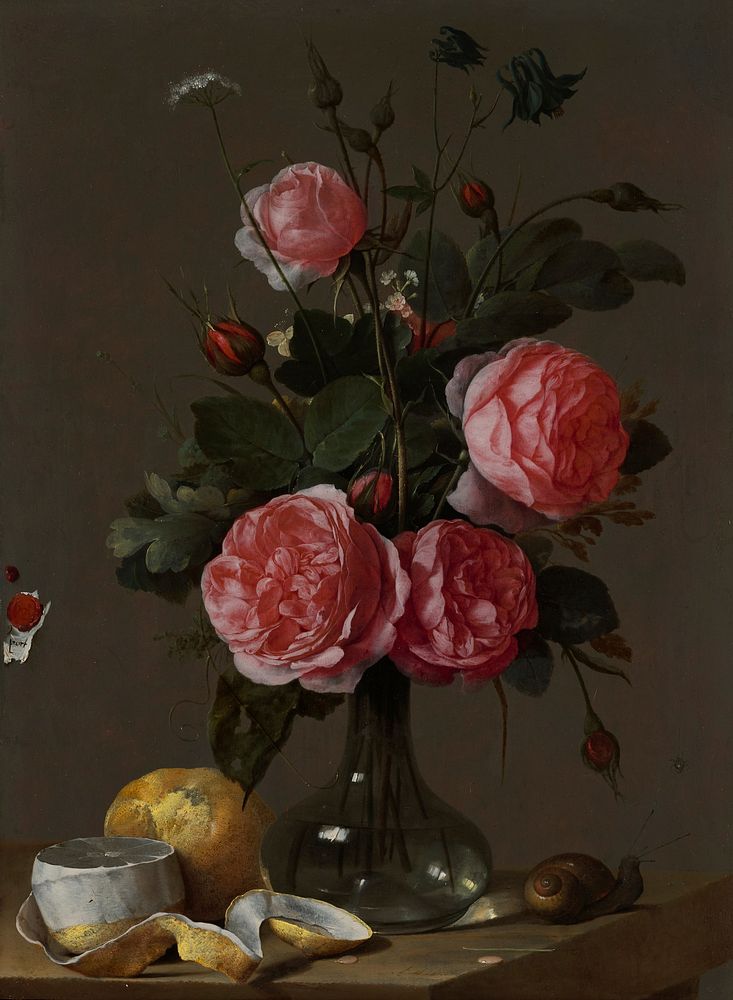 clear glass vase with pink roses; two lemons--one partially peeled--and a snail on table; trompe l'oeil effect with sealing…