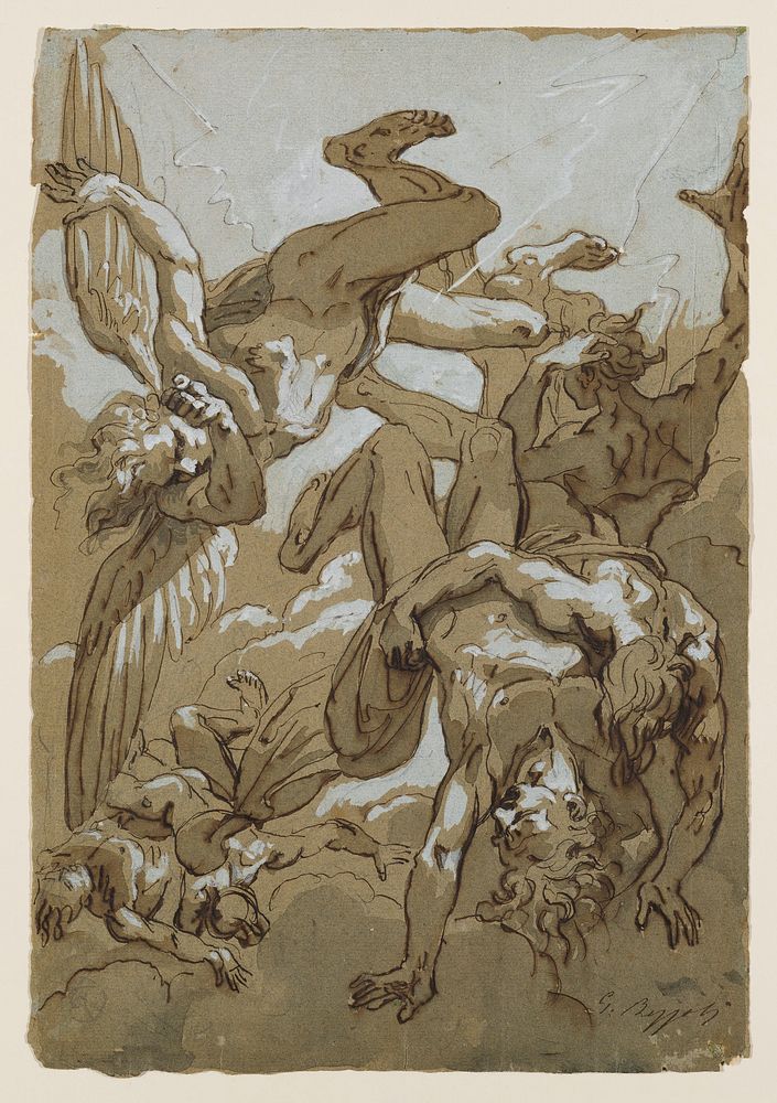 falling partially draped figures; falling angel at left; clouds at bottom. Original from the Minneapolis Institute of Art.