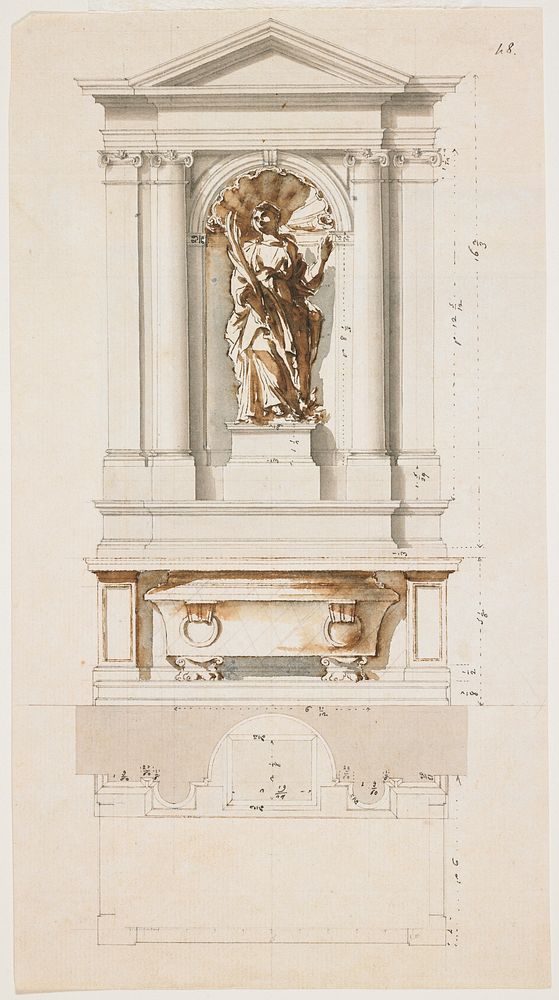recto: at top--frontal view of an altar with plain pediment and cornice with Ionic columns flanking a sculpture of a…