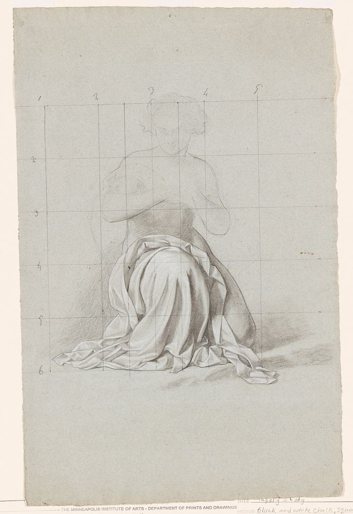 figure kneeling on PL knee, with drapery over PR knee; drapery fully finished--figure lightly sketched; squared off in a…