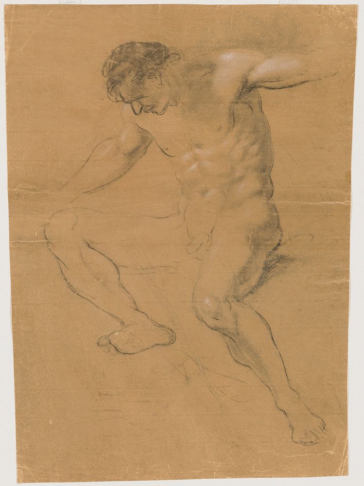 recto: seated nude male figure with legs apart; PR knee higher than PL knee; arms out, with hands not differentiated; head…