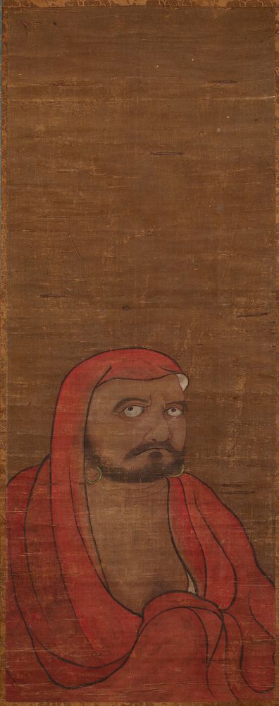 male figure in lower half of image area, wrapped in red cloak that covers his head; large eyes gazing off to PR side; a hoop…