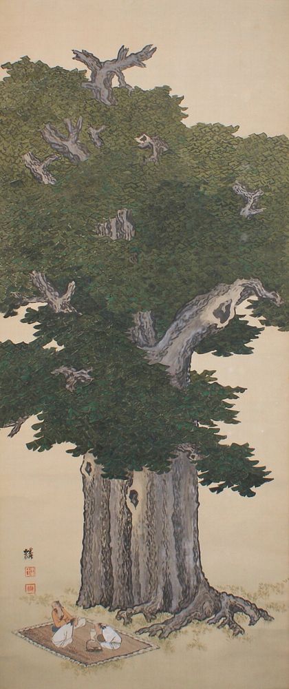 Three male figures sitting on an outstretched blanket enjoying a picnic at LL; gigantic gingko tree occupies majority of…