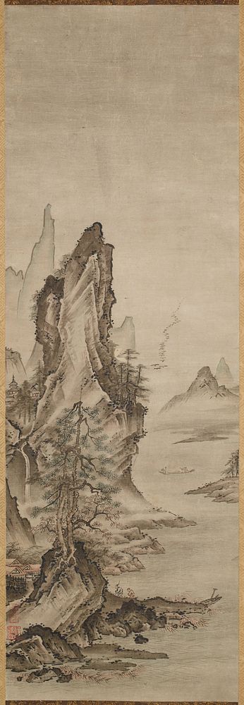 One of a pair of landscapes; once grouped with white-robed Kannon that was placed in center; left landscape; rocky cliff at…