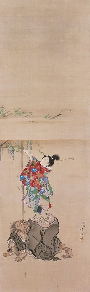 Woman in multi-colored kimono standing on back of demon figure who is on all fours; the woman is reaching up into a tree.…