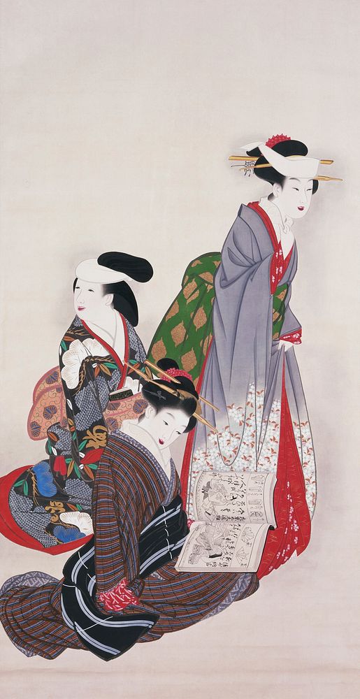 Three elegantly dressed women; standing woman on R facing R wearing grey, green, red; two seated women; woman on L wearing…
