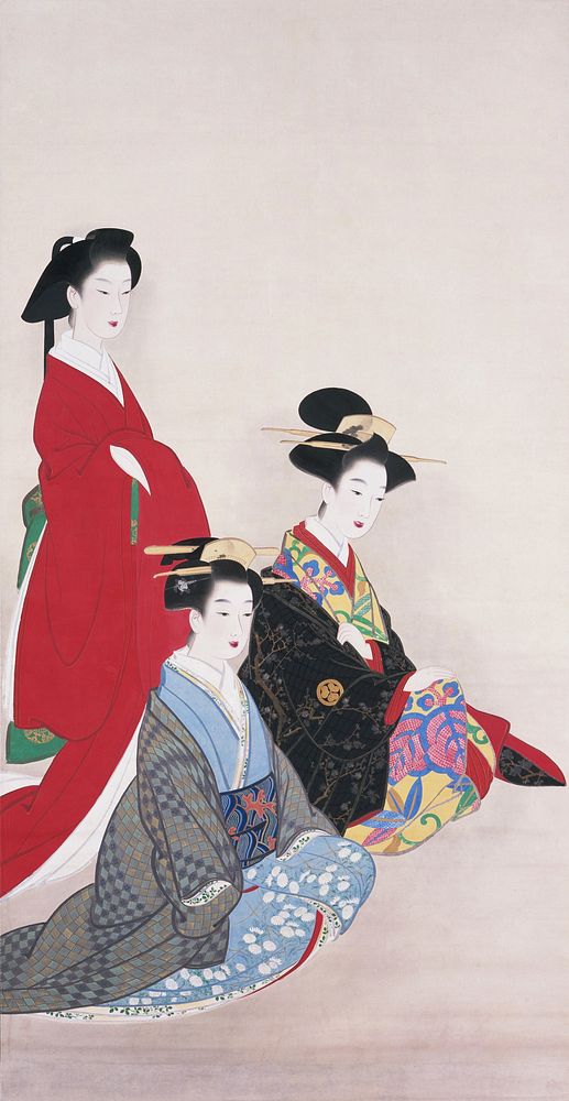 Three elegantly dressed women facing R; standing woman in back wearing red with two seated women in front of her. Original…
