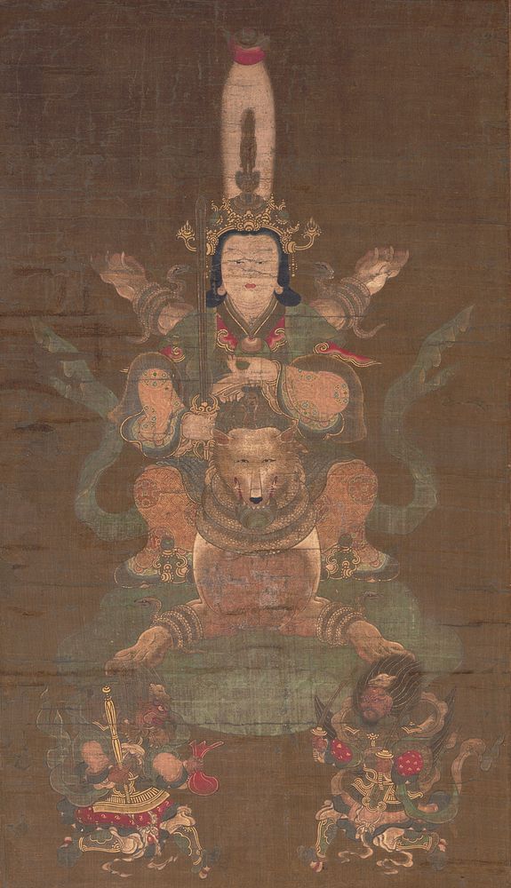 Female figure in elaborate head dress, PL hand in gesture near chest, riding on a fox; fox is flying on green cloud with…