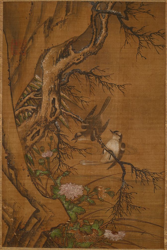 two birds perched on a branch of a leafless tree with a few dustings of snow; withering, snow-spotted flowers at bottom;…
