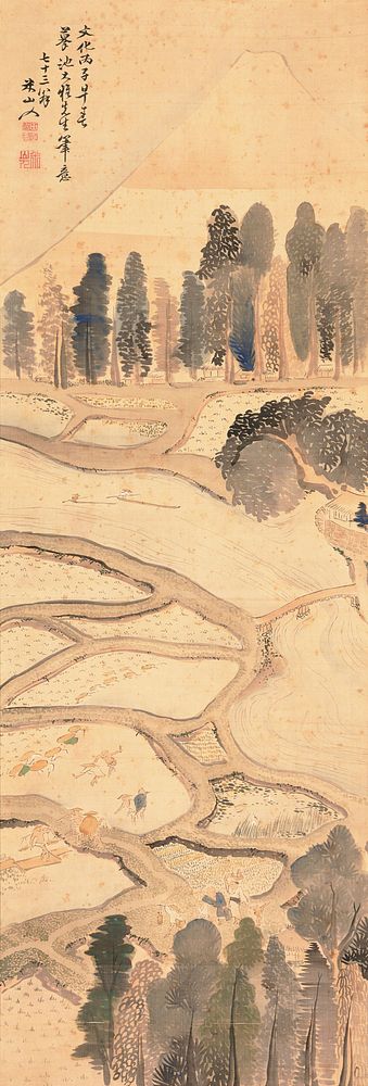 Landscape featuring small partitioned rice fields; farmers planting rice plants and working the land; sweeping channel with…