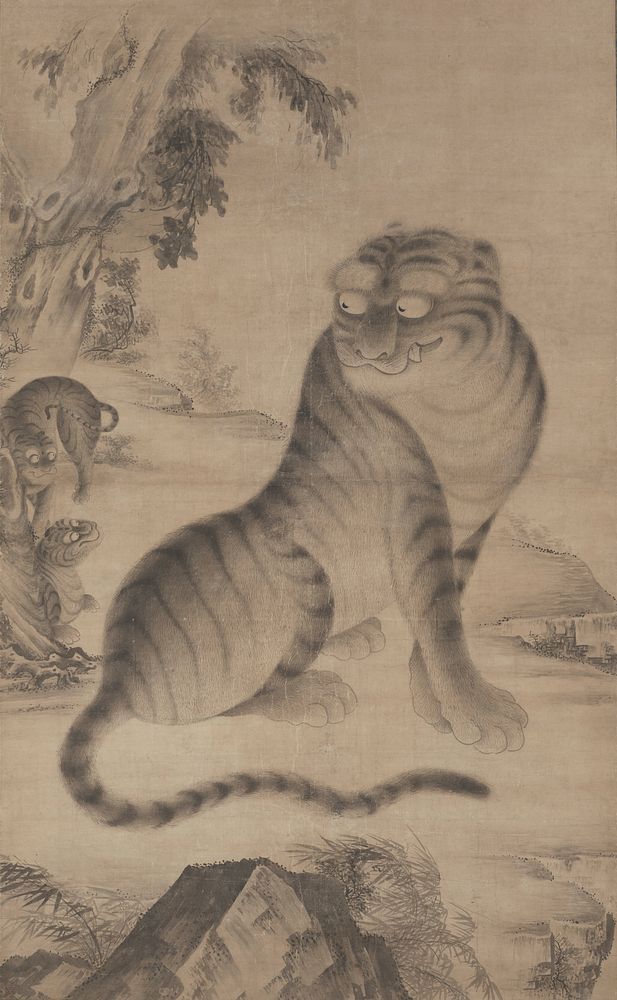 Very large scroll with female tiger seated at center looking over PR shoulder toward two curious cubs at L edge; large tree…