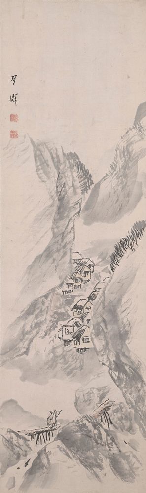 mountain village scene; steep mountains at L and R; wide valley with two rows of huts at center; two male figures walk…