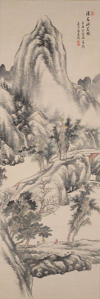 mountain landscape with three men seated below trees on large, flat rock formation; two other figures at R prepare tea, one…