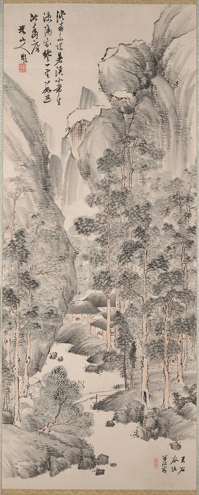 small cluster of houses, two with a red table visible, at center within grove of pine trees; figure in white crossing bridge…