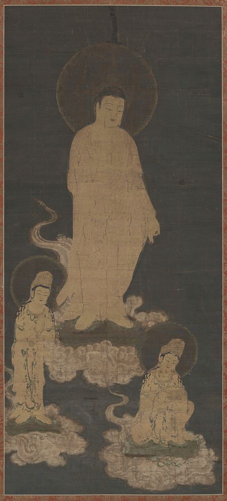 golden Buddha figure with halo stands on a cloud at center; PL hand extended downward, index finger and thumb clasped in…