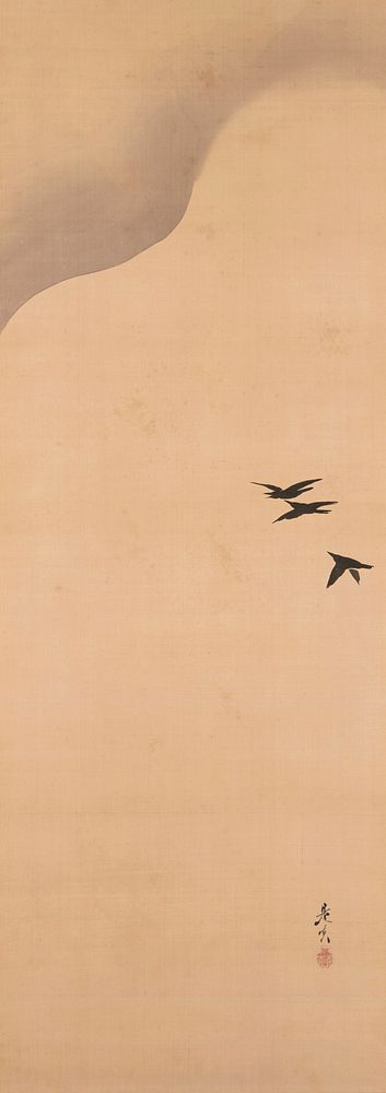 three black birds fly at R edge against a neutral background; curving line with grey background ULQ. Original from the…