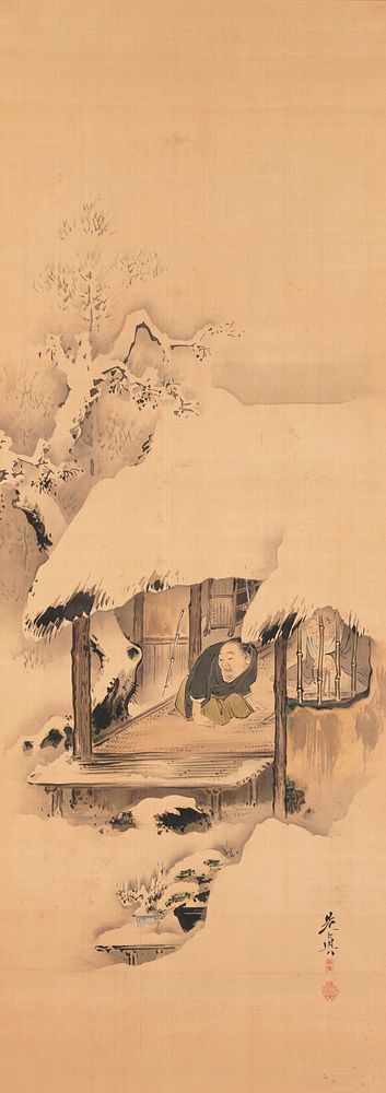 snowy scene: snow-covered hut with male figure kneeling at center looking outside over PR shoulder; older figure with white…