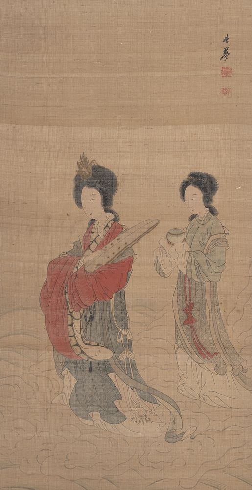 two women walking on bank of clouds; first woman (at L) wears sumptuous blue, white, and red robe and cradles a large object…