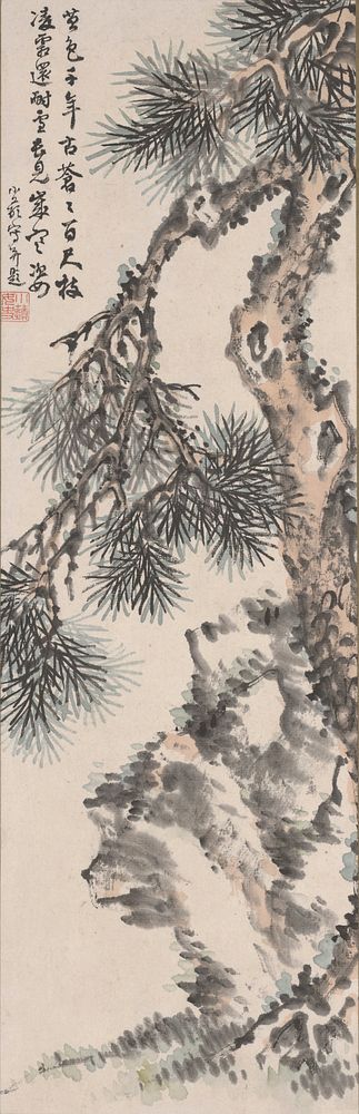 pine tree highlighted with light brown and green pigment rising from R; irregular vertical rock at LR, near tree trunk…
