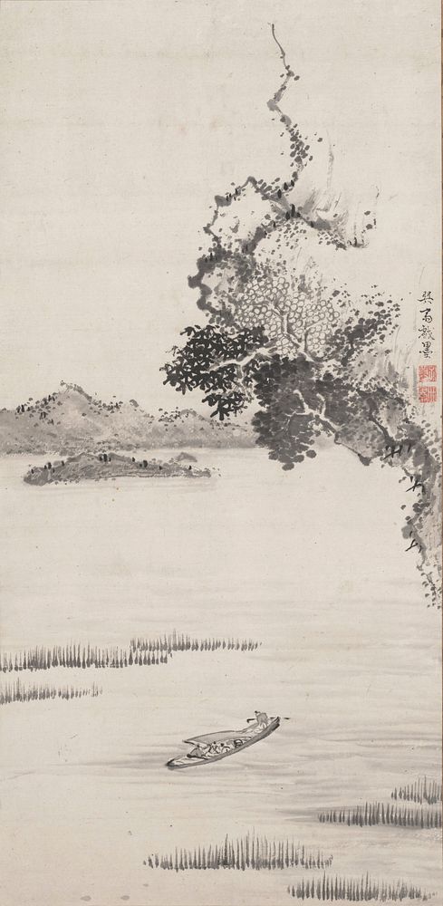Portion of overhanging cliff with gnarled trees and foliage at LRQ; small boat with passengers lower center; low mountains…
