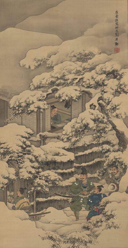 male figure seated at desk in front of window looking outside; man's PR eye is shut or missing; snow-covered trees and fence…
