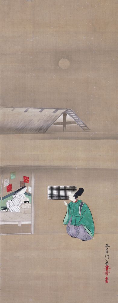a man in bight green outer robe crouches and peers through a slatted window; inside (at left), a woman in white kimono with…
