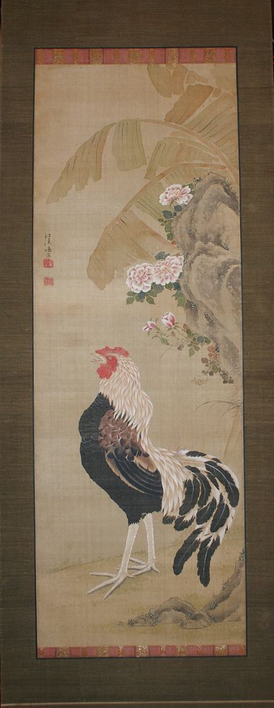 black, peach, and white colored rooster struts under curving rock formation; several roses blossom from rock formation;…