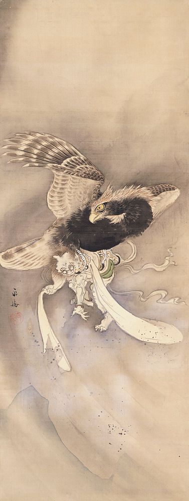 grey and white bird carrying demon-like figure in its talons. Original from the Minneapolis Institute of Art.