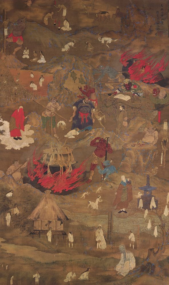hell scene: large, red horned figure in lower center poking at large cauldron with people in boiling water; large flames…
