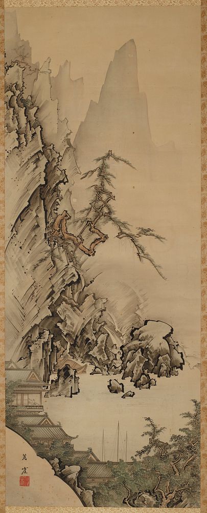 large, rocky cliff-like formation on left side with gnarled pine tree growing off rock face; tranquil body of water near…