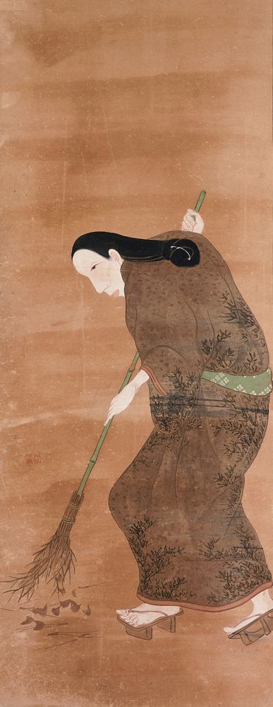 Woman in profile sweeping leaves on the ground with bamboo broom; woman has long face, and long hair knotted at end; brown…
