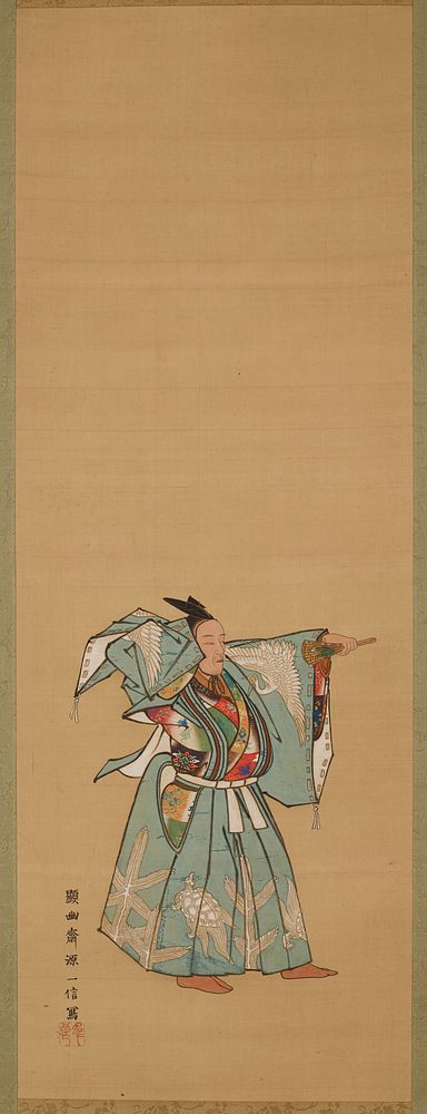 left scroll: male figure taking small step forward, holding PL arm straight out, grasping closed fan; PR hand below head;…