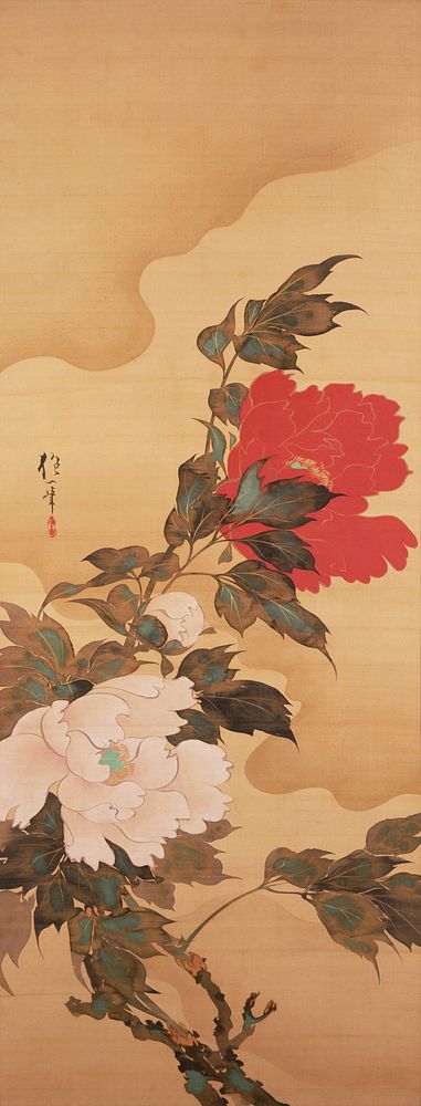 Large white and red peonies on branches with leaves blowing in the wind; white peony to center left, with bud immediately…