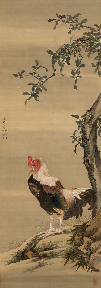 Profile of rooster in lower center facing L grooming his chest feathers; standing next to crooked tree with small wrinkled…
