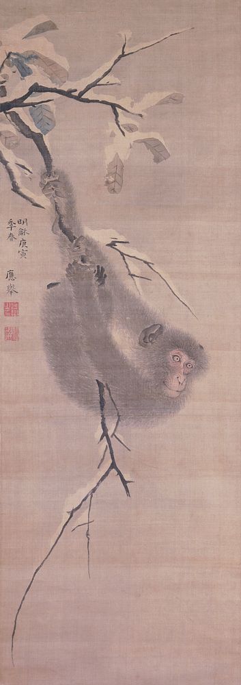 Monkey hanging from branch; snow on branches. Original from the Minneapolis Institute of Art.