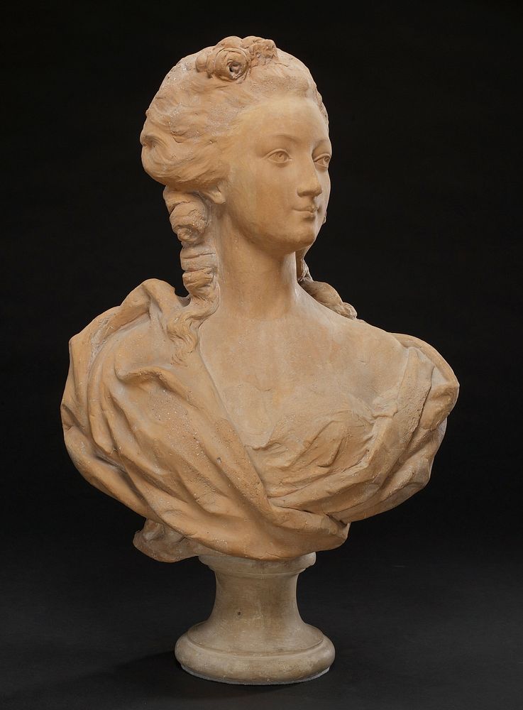 'Bust of a Woman', terracotta, French XVIIIc cat. card dims H 26 x W 16-1/2'. Female bust, gracefully draped with finely…