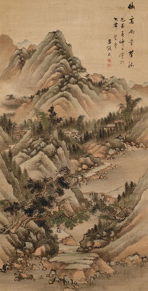 mountainous landscape in green and tan; buildings nestled in trees; seated figure in LLQ; bridge right of center over calm…