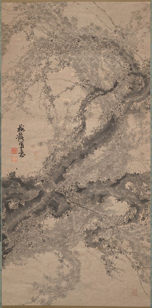 Gnarled branches with dense flower blossoms made of spots of ink and ink wash. Original from the Minneapolis Institute of…