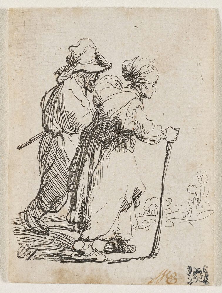 Rembrandt van Rijn's man in background and woman in foreground walking toward the right edge of the picture plane; woman…