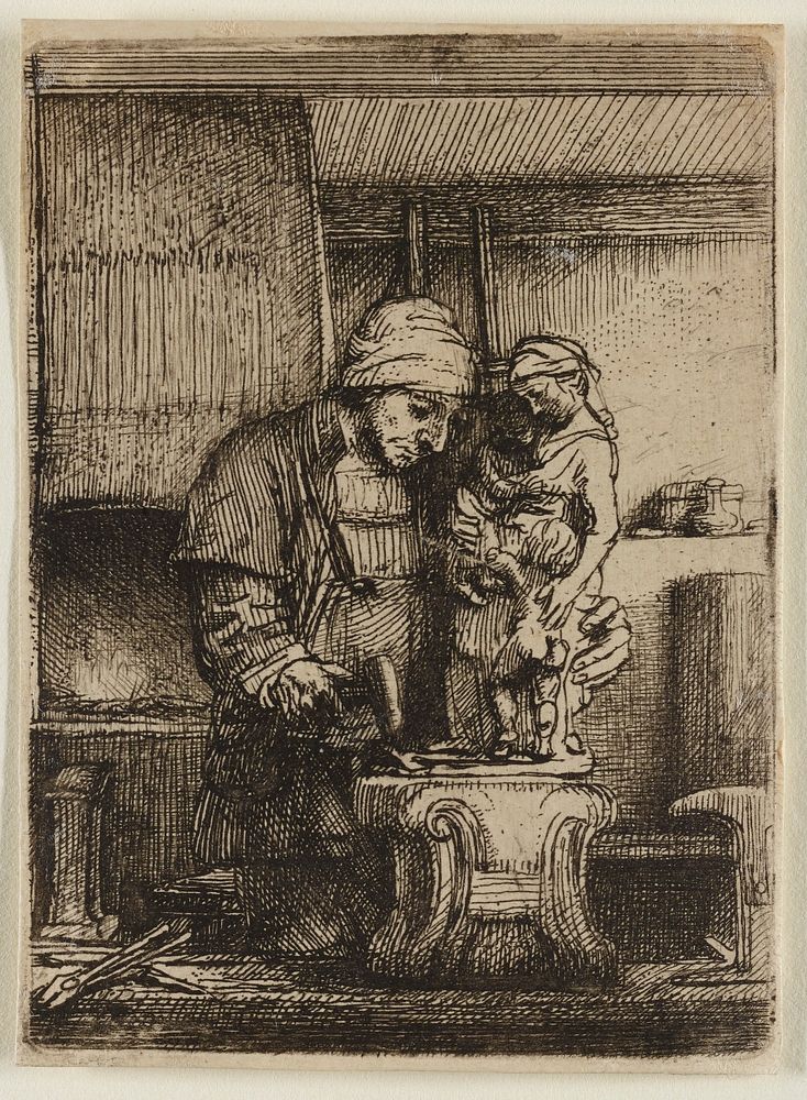 Rembrandt van Rijn's male figure in workshop delicately tapping a sculpture with a mallet; sculpture features a standing…